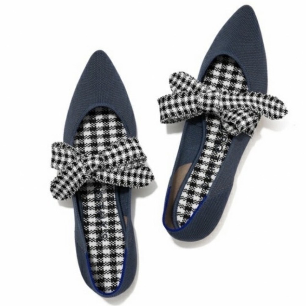 Rothys Mary Jane Pointed Bow Flat Shoes Ink Gingham Navy Blue White Size 9